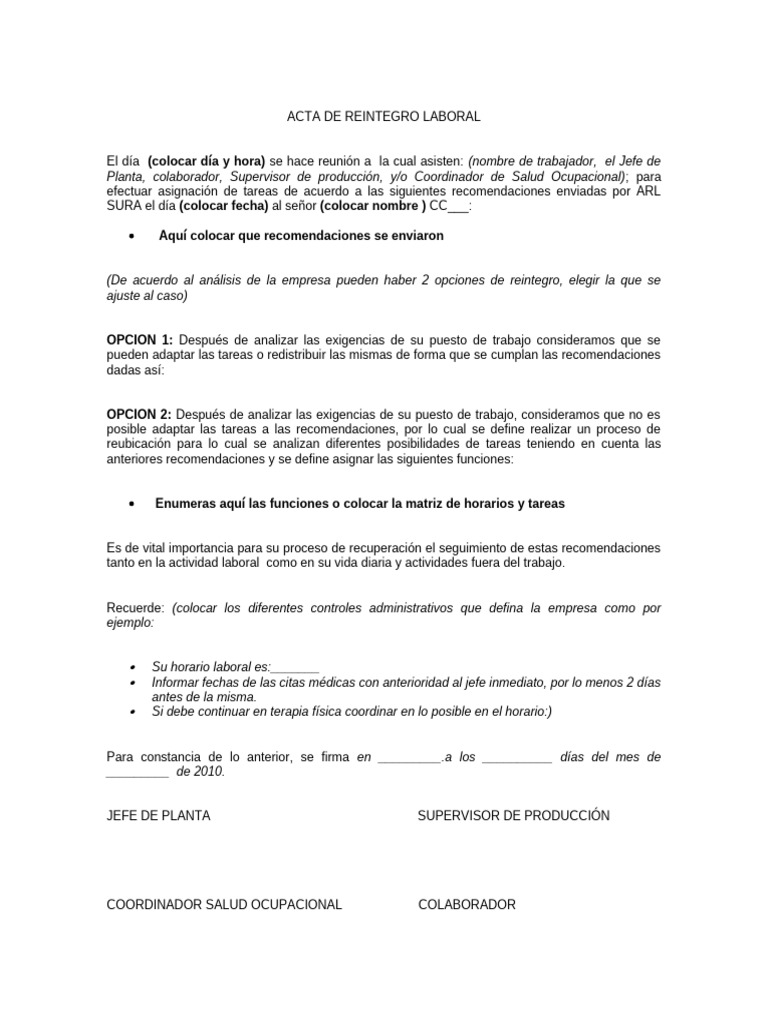 Modelo Acta de Reintegro Laboral 2 | PDF | Seguridad y salud ocupacional
