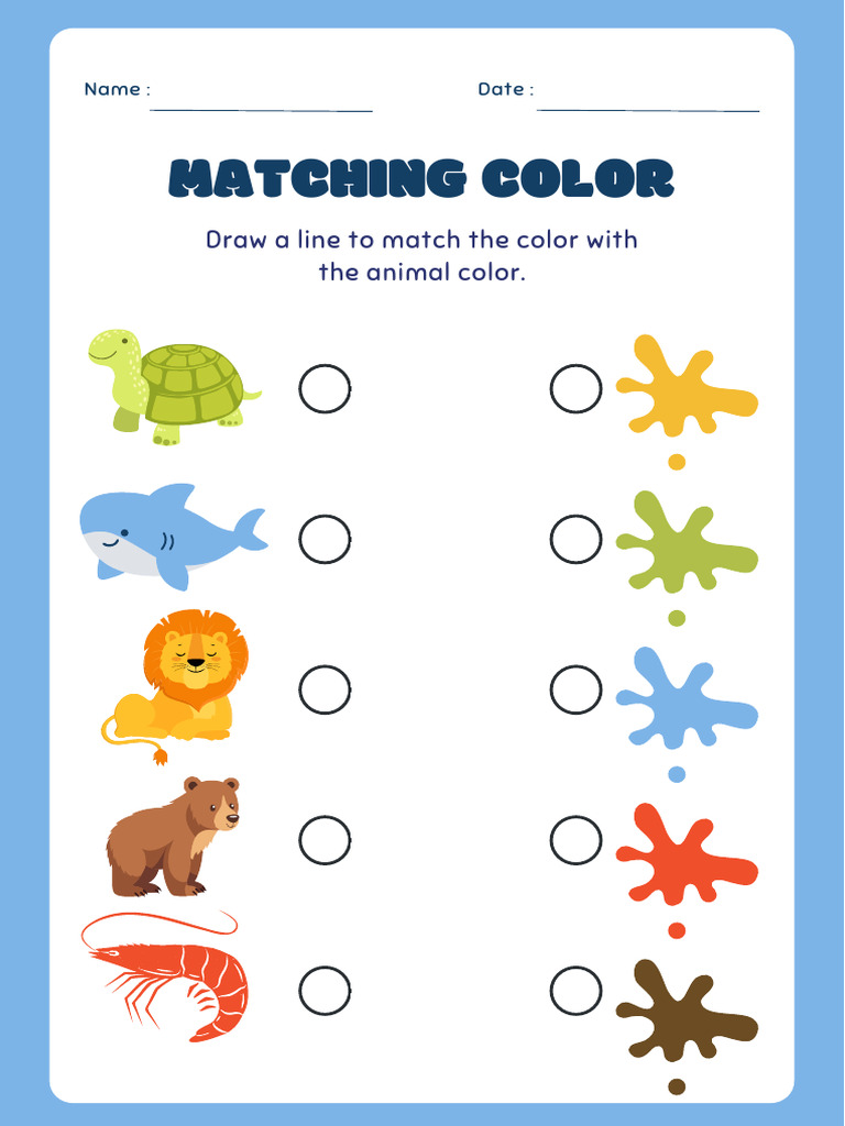 Blue Illustration Animal Matching Color For Preschool Worksheet | PDF