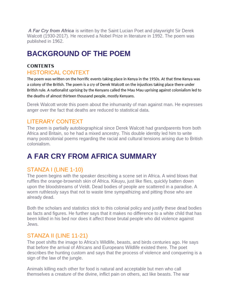 Derek Walcott's A Far Cry from Africa Analysis | PDF | Metre (Poetry ...