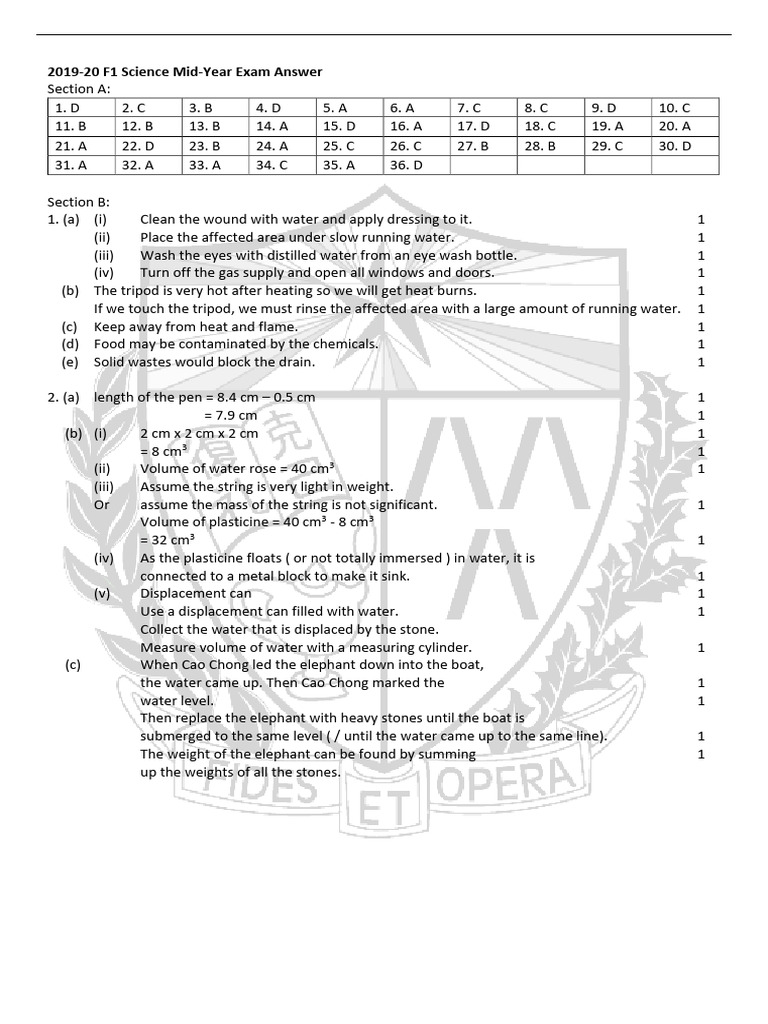 2019-20 F1 Science Exam Answers | PDF | Water | Solubility
