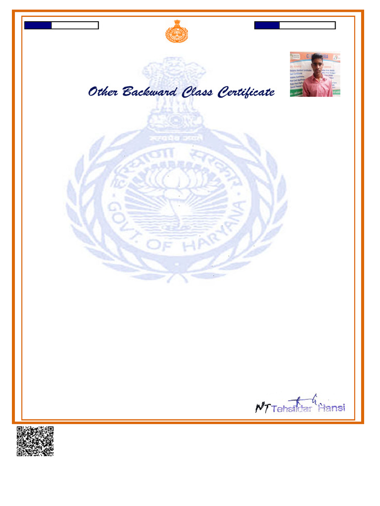 OBC Certificate for Mr. Dheeraj, Haryana | PDF | Government Of India