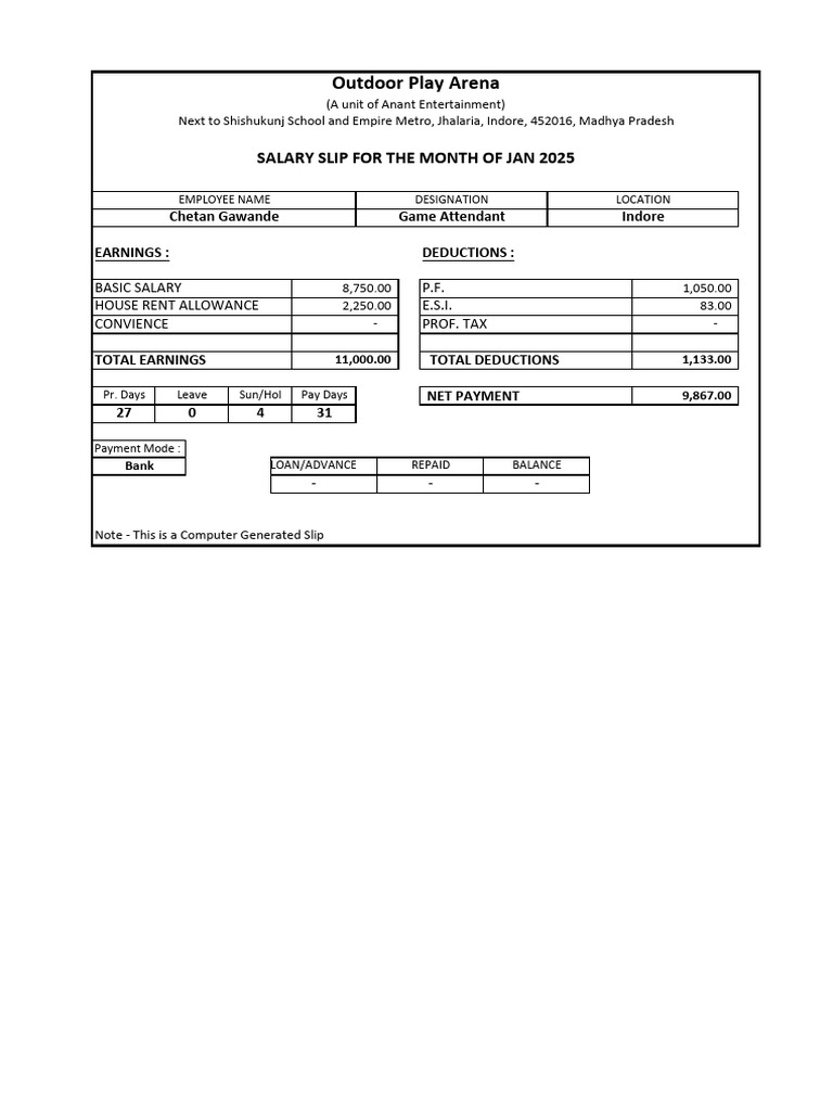 January 2025 Salary Slip Details | PDF