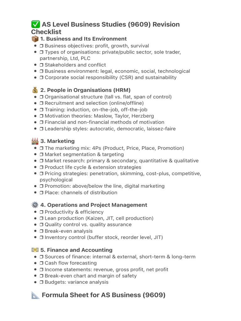AS Level Business Studies Revision Guide | PDF | Business | Lean Manufacturing