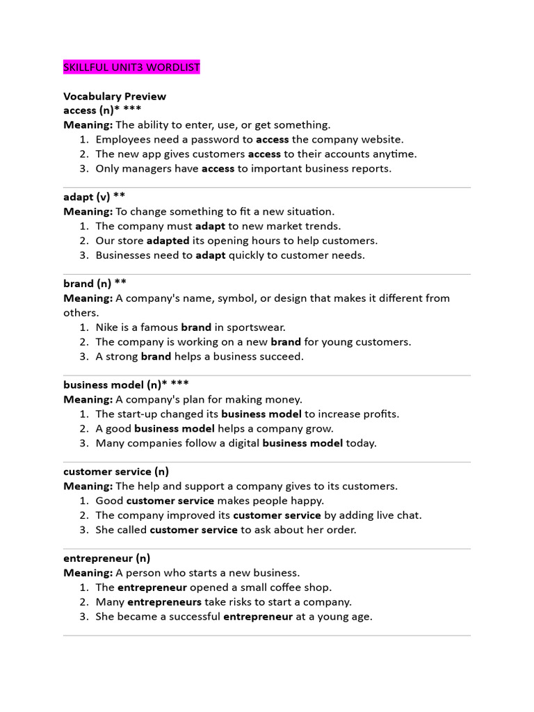Skillful Unit3 4 Wordlist | PDF | Startup Company | Small Business ...