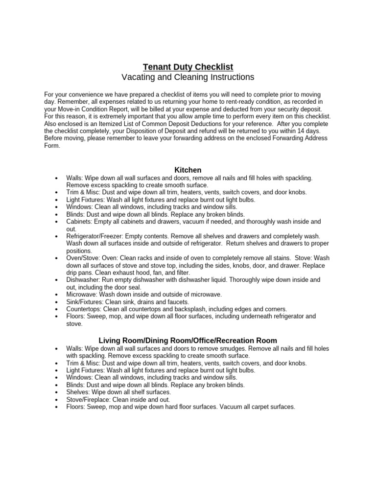 Curated visual reference: Fresh Look at Tenant Duty Checklist Vacating And Cleaning Instructions Pdf