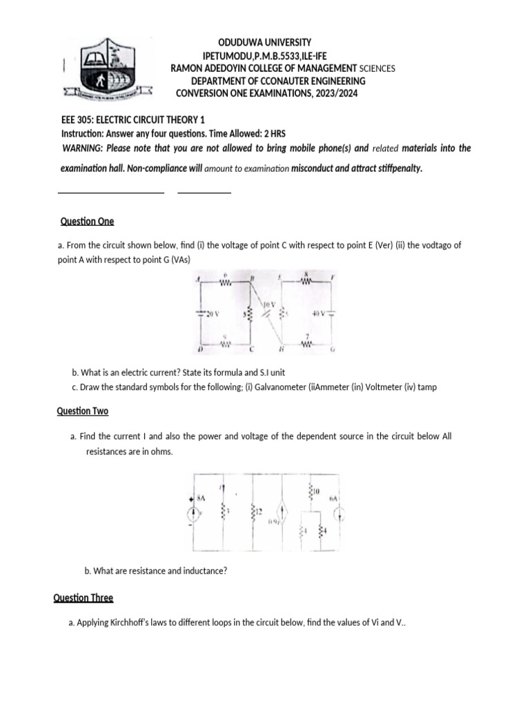 Electric Circuit Theory Exam 2023/2024 | PDF