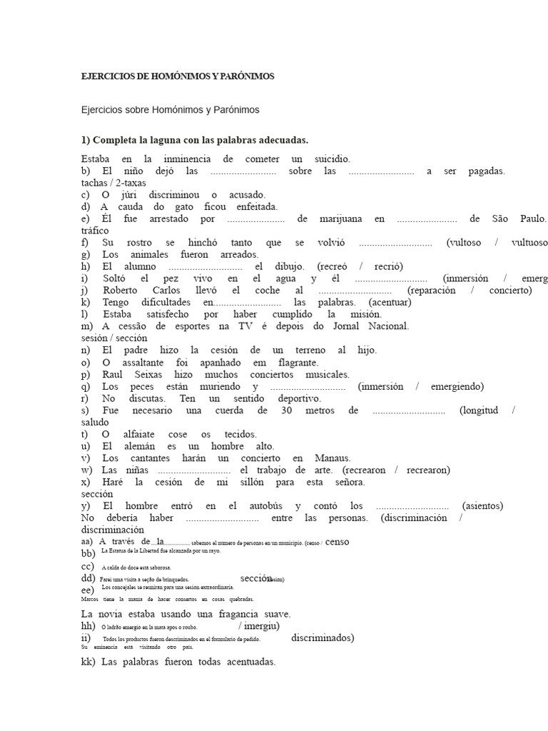 Ejercicios de Homónimos y Parónimos | PDF