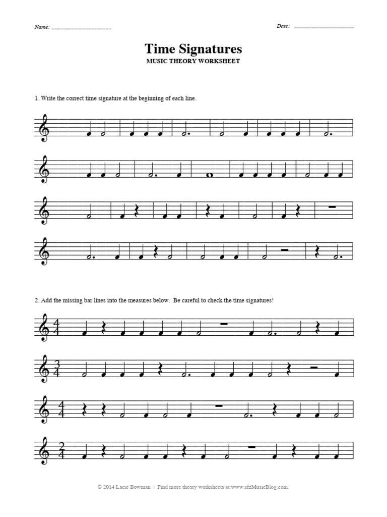 Theory Worksheet Time Signatures | PDF