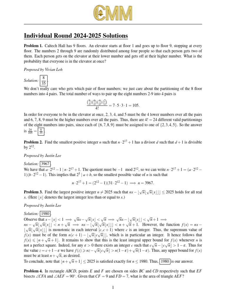 2024-2025 Individual Round Solutions | PDF | Square Root | Euclidean ...