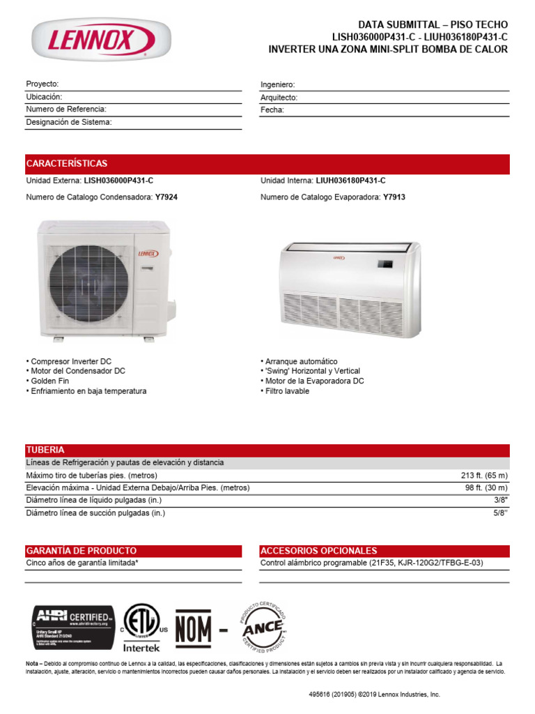Especificaciones Mini-Split Inverter Lennox | PDF | Ingeniería mecánica