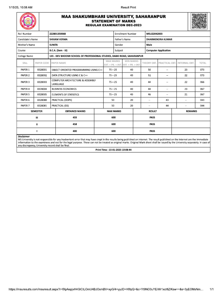 Sem 3 Result | PDF