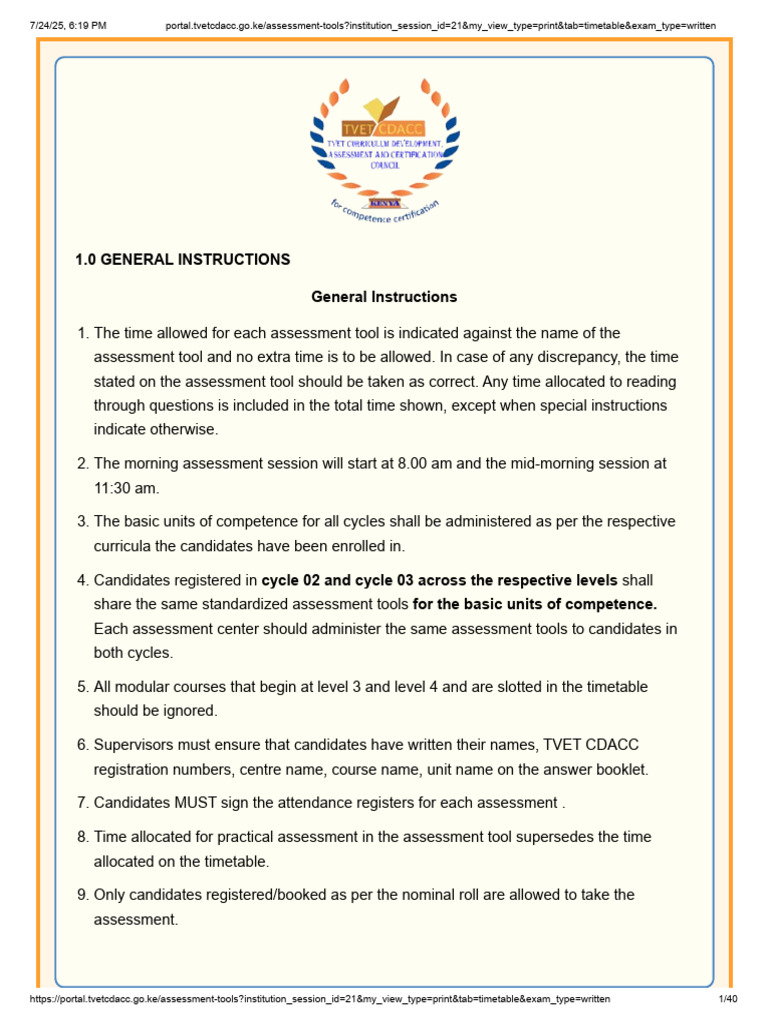 TVET Assessment Guidelines and Schedule | PDF