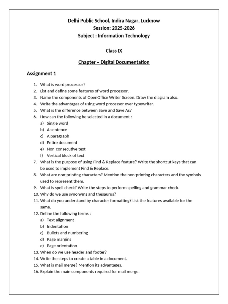 Digital Documentation Assignment for Class IX | PDF