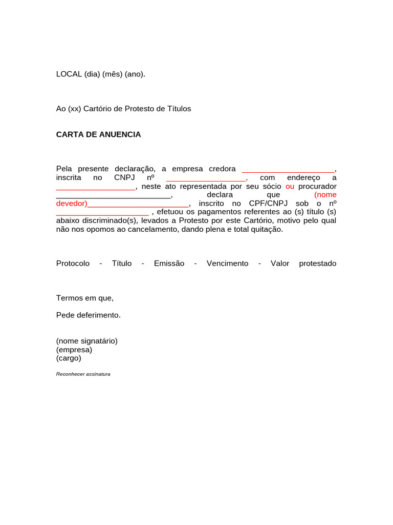 Modelo - Carta de Anuencia | PDF