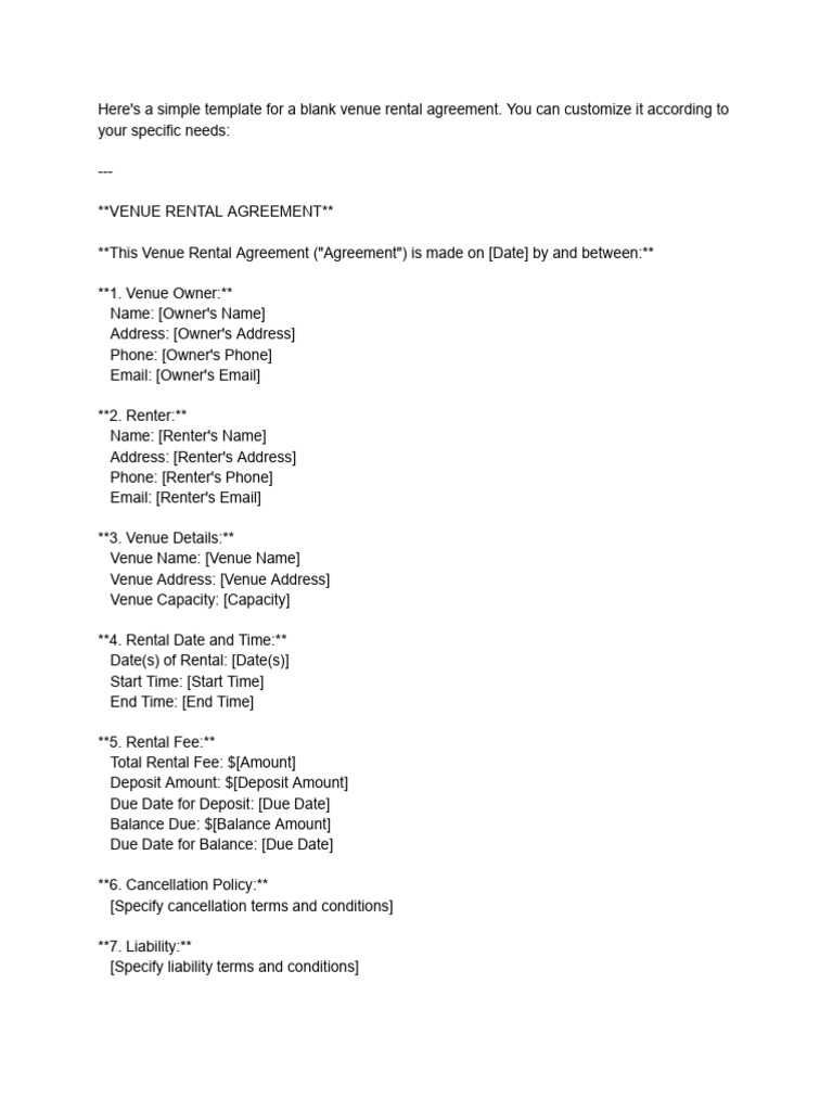 Simple Venue Rental Agreement Template | PDF