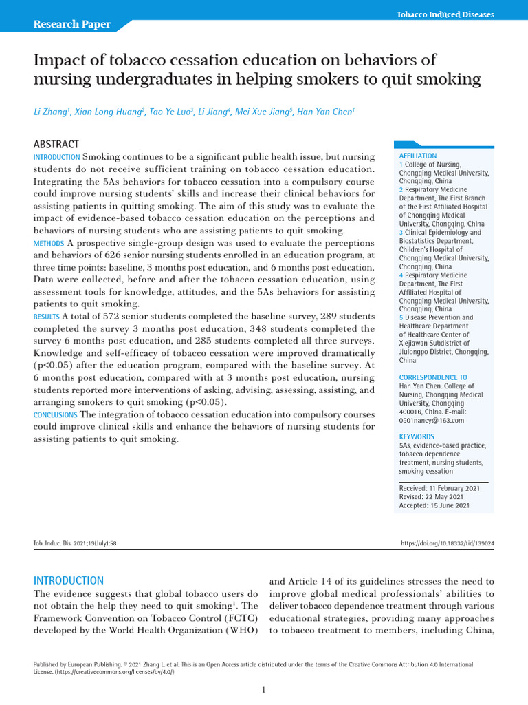 Impact of Tobacco Cessation Education On Behaviors of | PDF | Smoking ...
