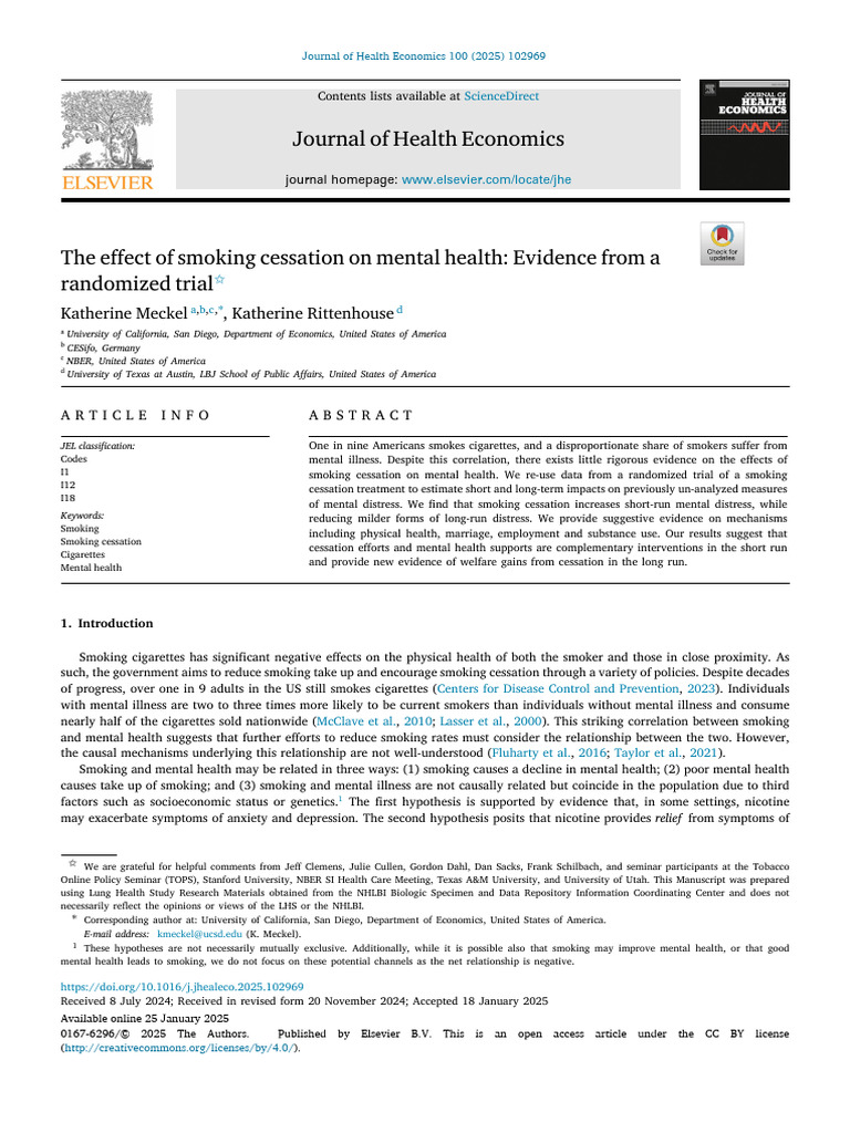 The Effect of Smoking Cessation On Mental Health Evidence From A | PDF ...