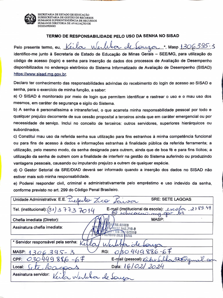 Termo de Responsabilidade SISAD | PDF