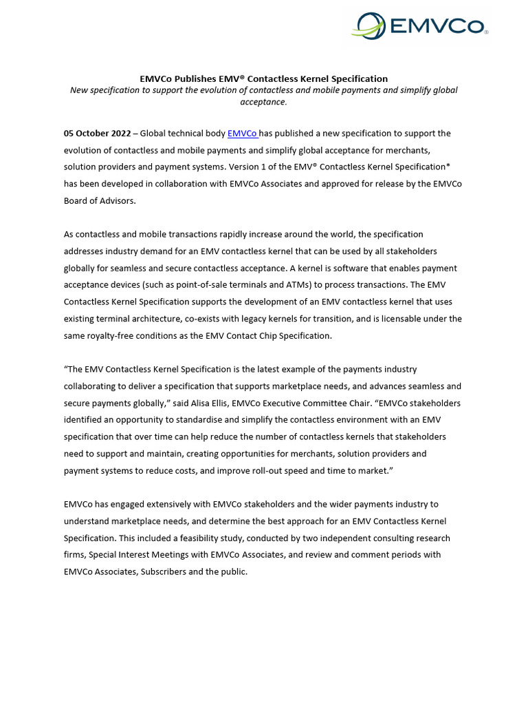 EMV Contactless Kernel Specification Released | PDF | Emv | Banking ...