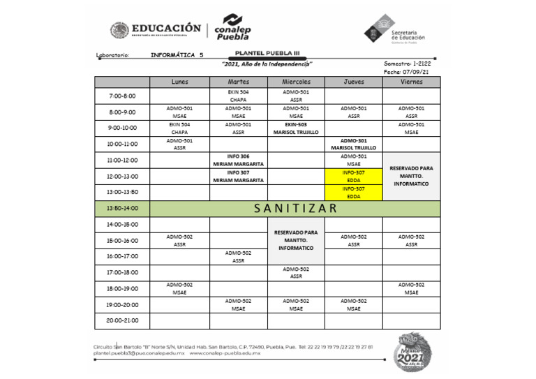 Horario de Laboratorio de Informática 5 | PDF