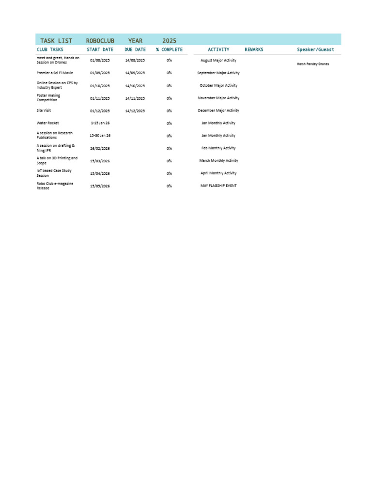 Roboclub 2025 Task Schedule | PDF