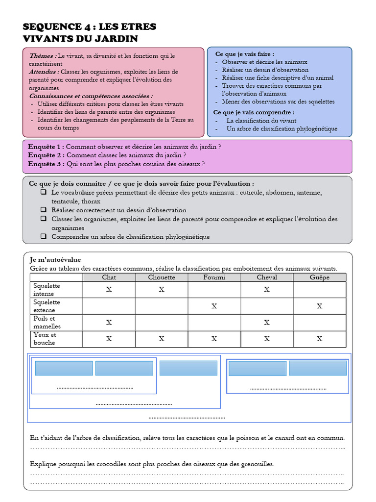 Classification des êtres vivants en CM2 | PDF | Taxonomie (Biologie ...