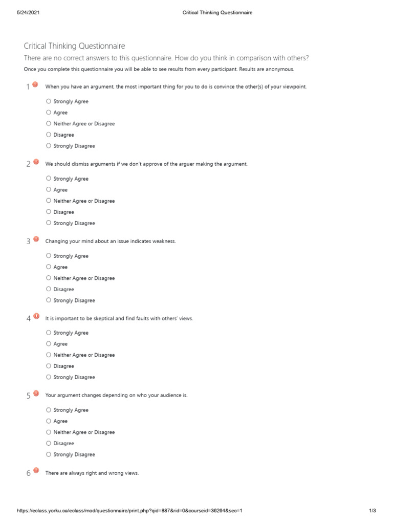 Critical Thinking Questionnaire | PDF | Argument | Critical Thinking