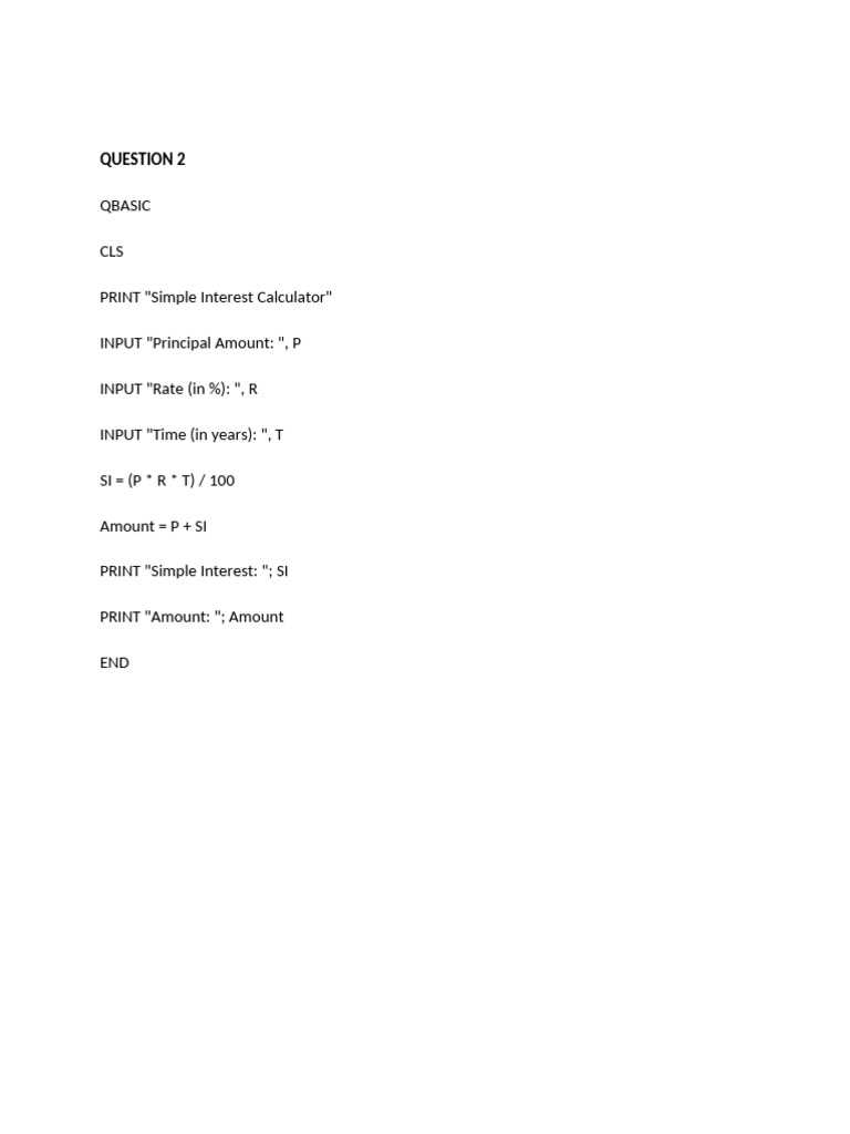 QBASIC Simple Interest Calculator Code | PDF