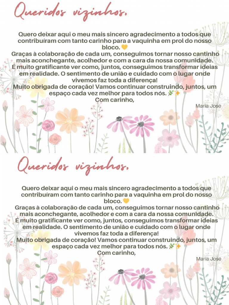 Cartão de Agradecimento Aos Queridos Vizinhos Do Condomínio | PDF