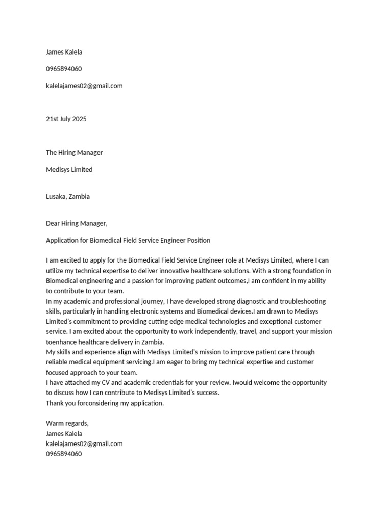 Biomedical Field Service Engineer Application | PDF