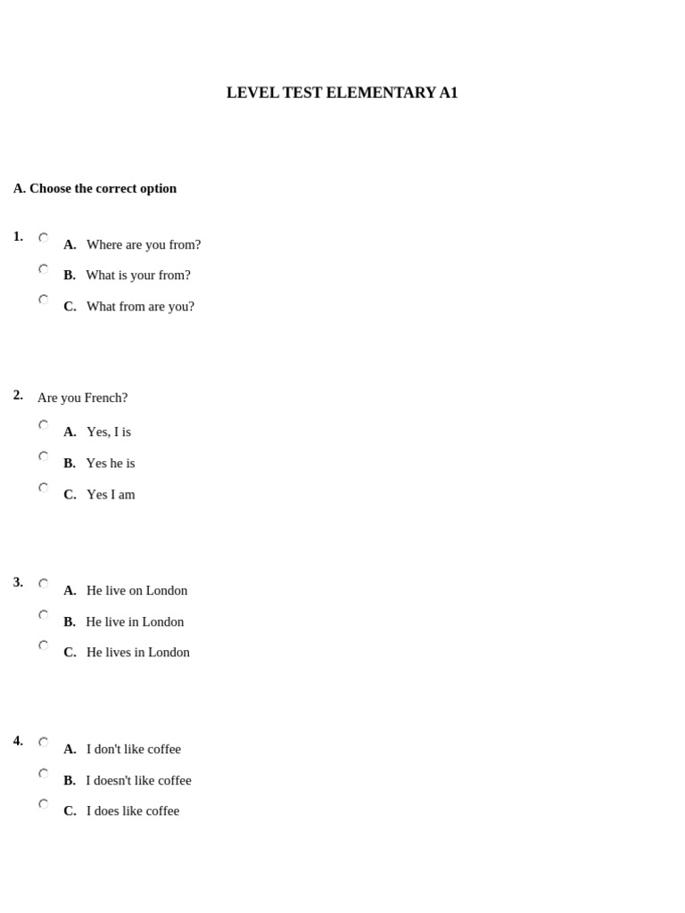 A1 English Level Test Guide | PDF | Linguistics