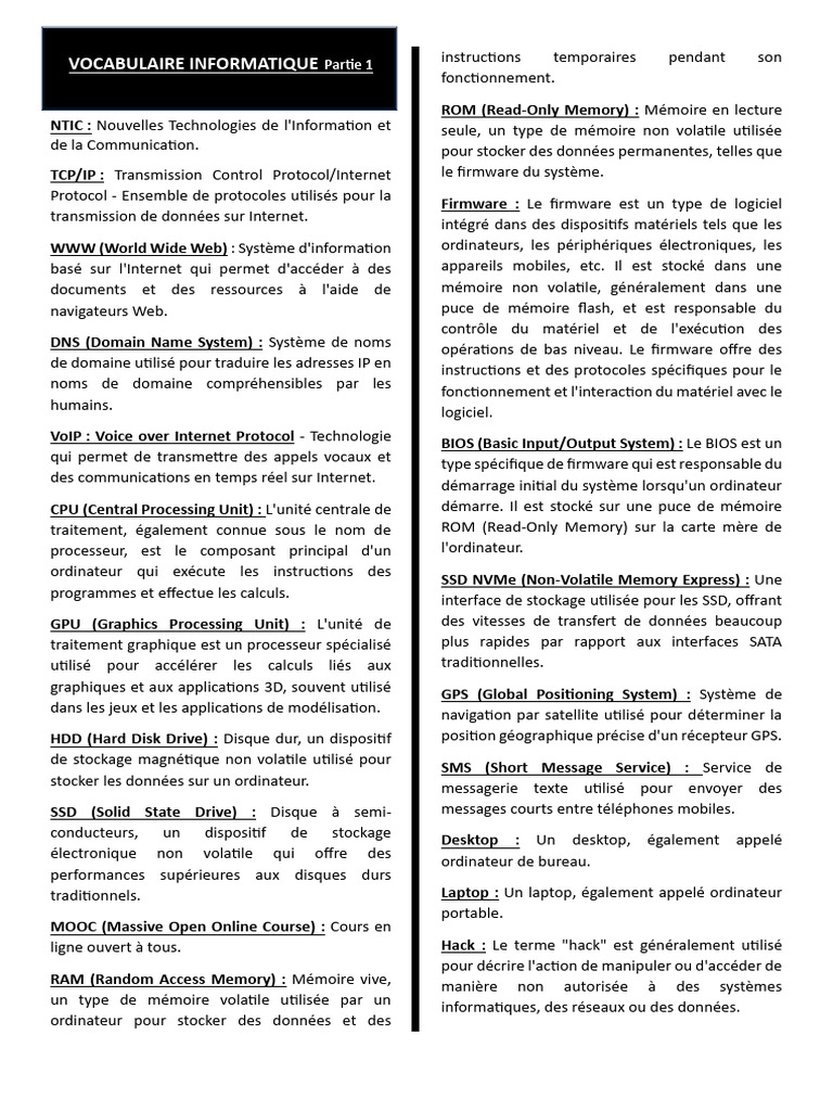 Vocabulaire Informatique Essentiel | PDF | Mémoire (informatique ...