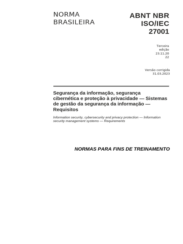 Normas ABNT NBR ISO/IEC 27001:2022 | PDF | Segurança da informação ...