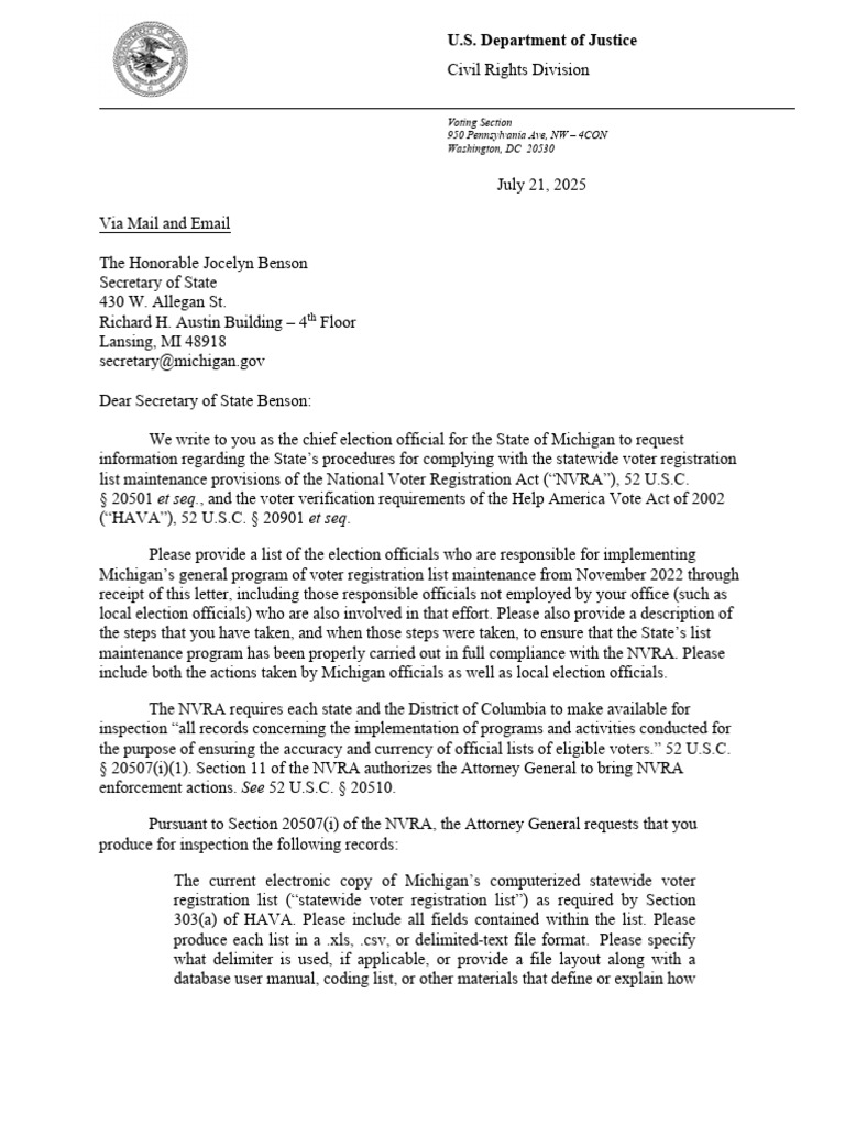 NVRA Compliance Request to Michigan | PDF | Voter Registration ...