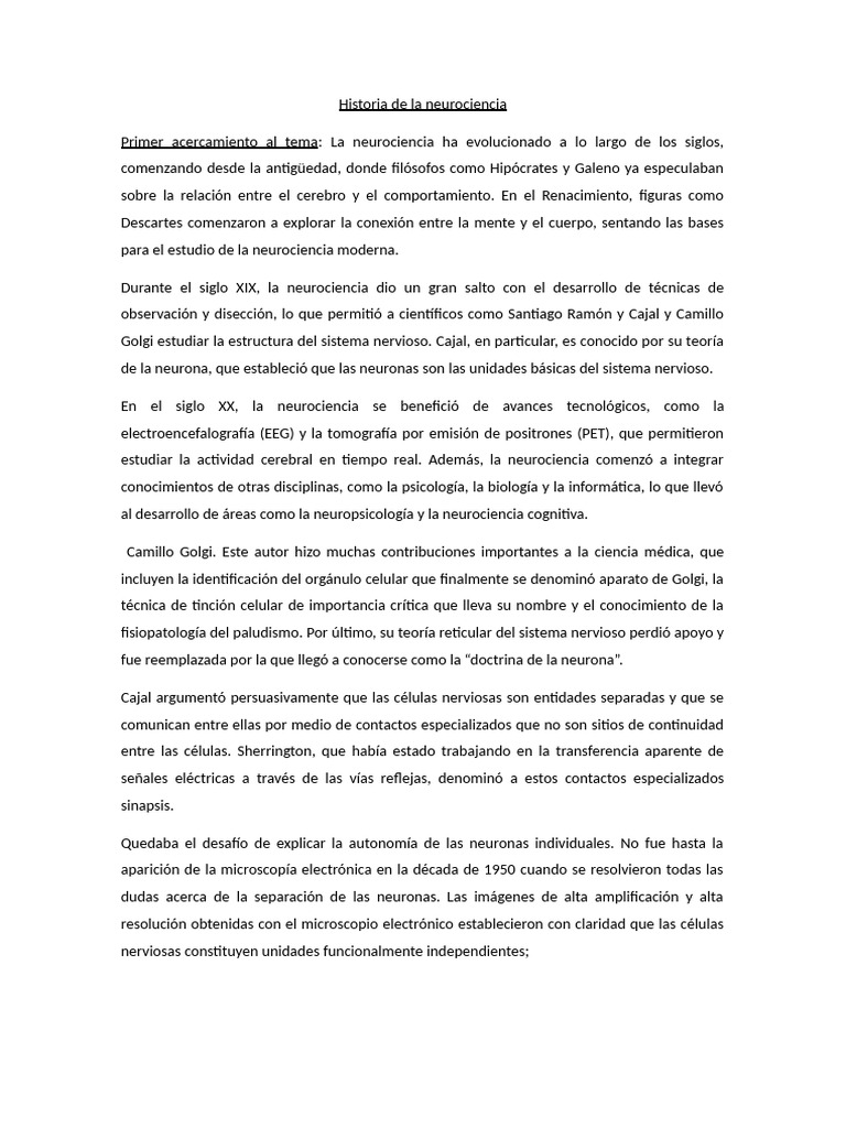 Evolución de la neurociencia y su historia | PDF | Neurociencia | Neurona