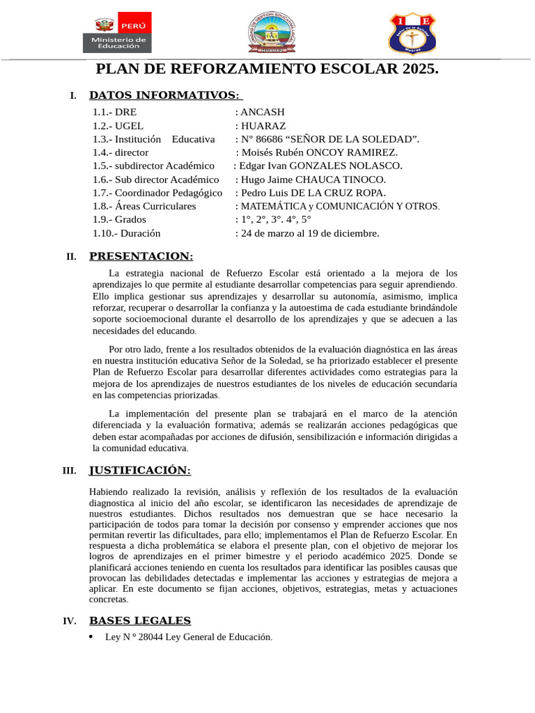 Plan de Refuerzo Escolar 2025 en Matemáticas | PDF | Educación primaria ...
