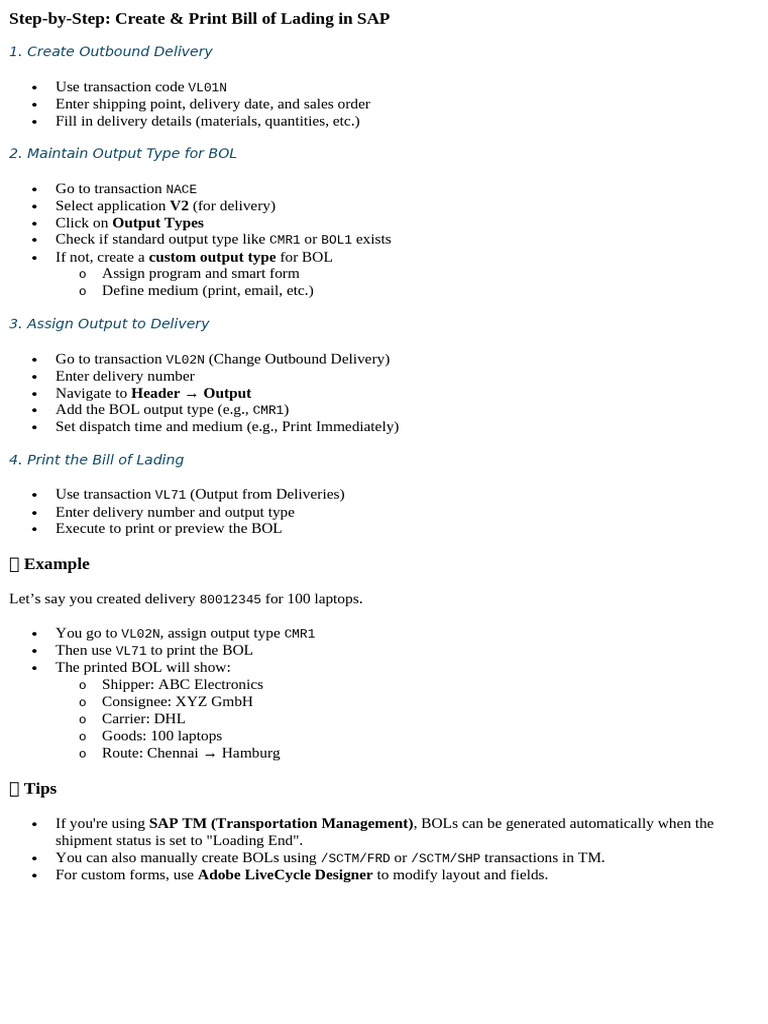 Step by Step Creation Process of BOL in SAP | PDF