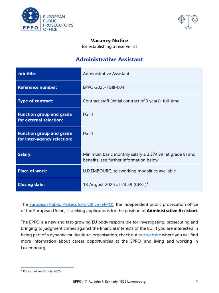 EPPO Administrative Assistant Vacancy 2025 | PDF | Academic Degree ...