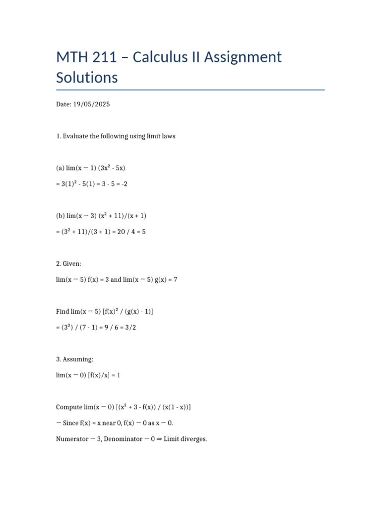 MTH211 CalculusII Limit Assignment Solutions | PDF