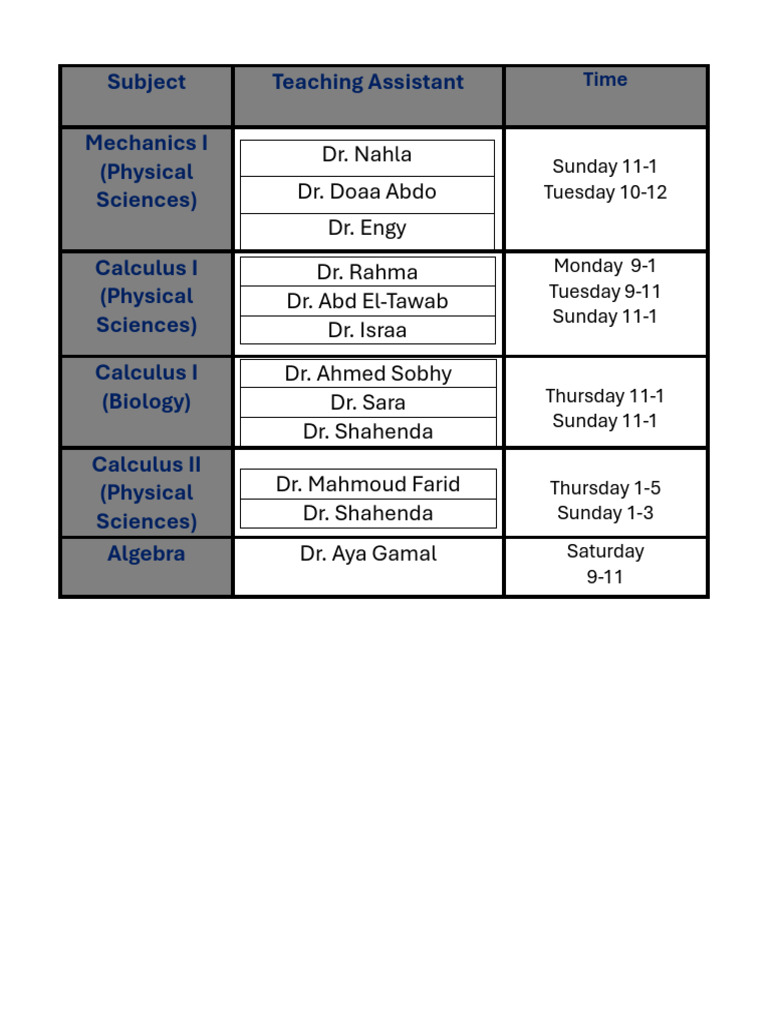 Teaching Assistant Schedule Overview | PDF