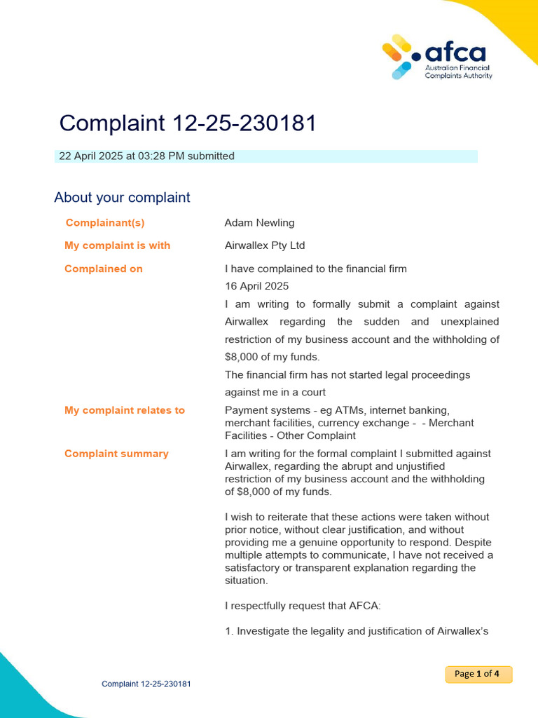AFCA Complaint Against Airwallex | PDF | Complaint | Justice