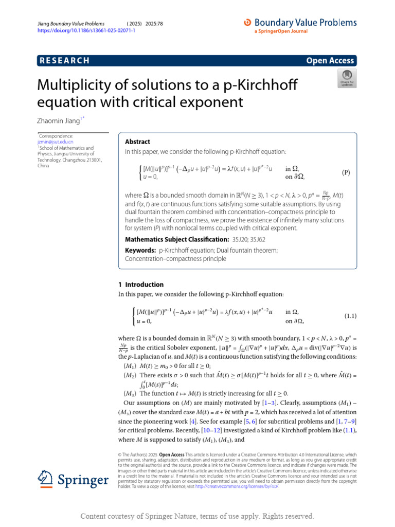 Multiplicity of Solutions To A P-Kirchhoff Equatio | PDF | Equations ...