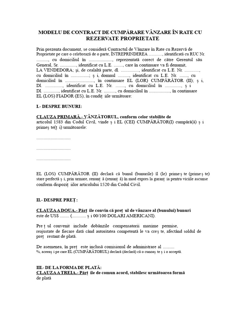 Model de Contract de Vânzare-Cumpărare În Rate Cu Rezervă de ...