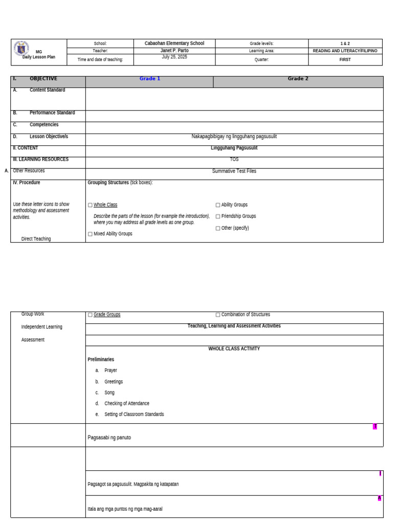 Grade 1 & 2 Reading Lesson Plan | PDF | Lesson Plan | Procedural Knowledge