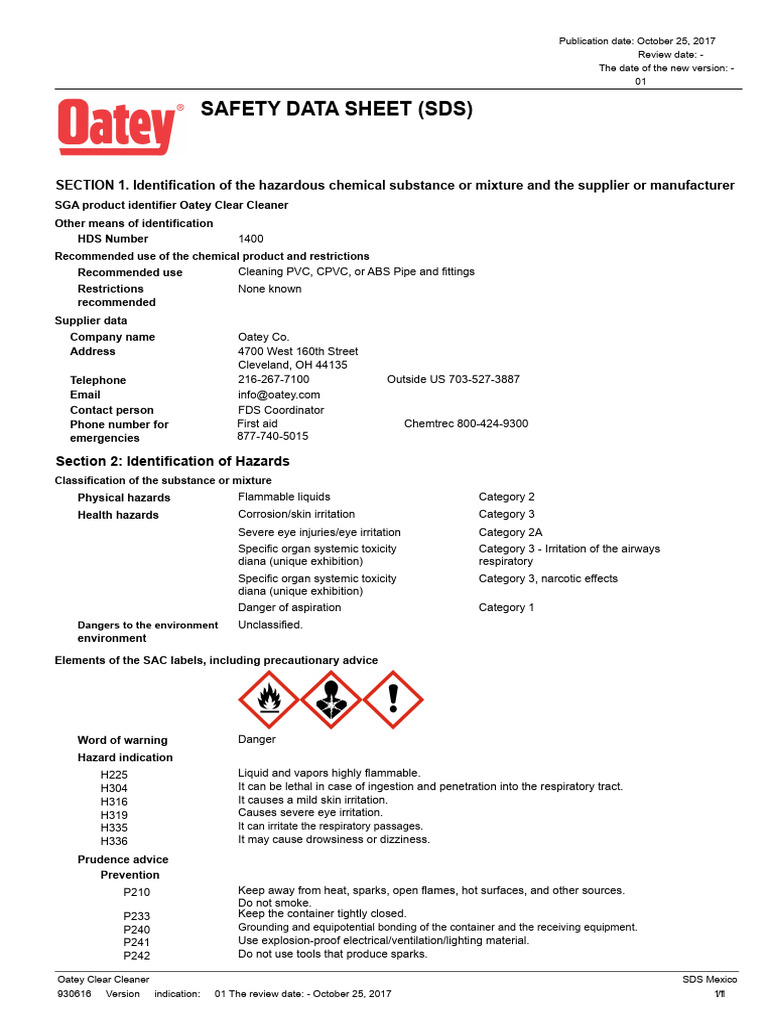 Oatey Clear Cleaner SDS Overview | PDF | Firefighting | Fires