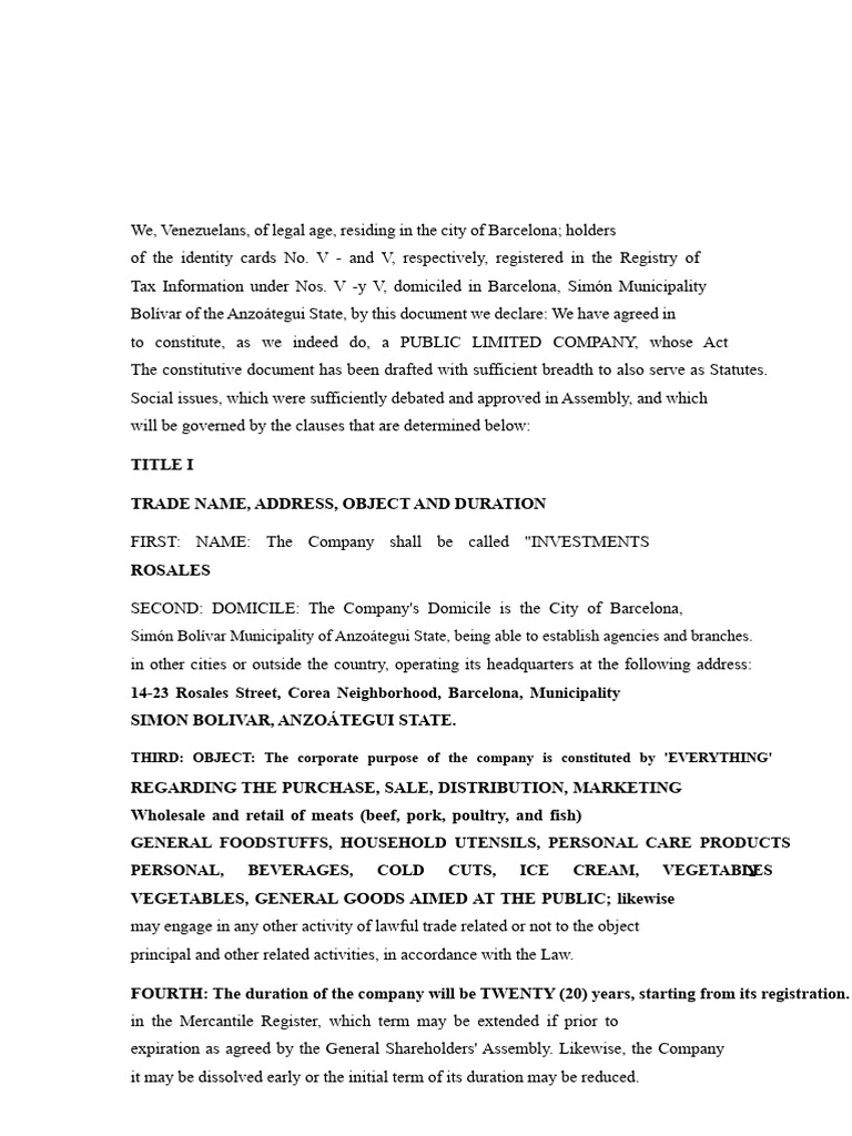 Example of The Articles of Incorporation of A Corporation in Venezuela ...