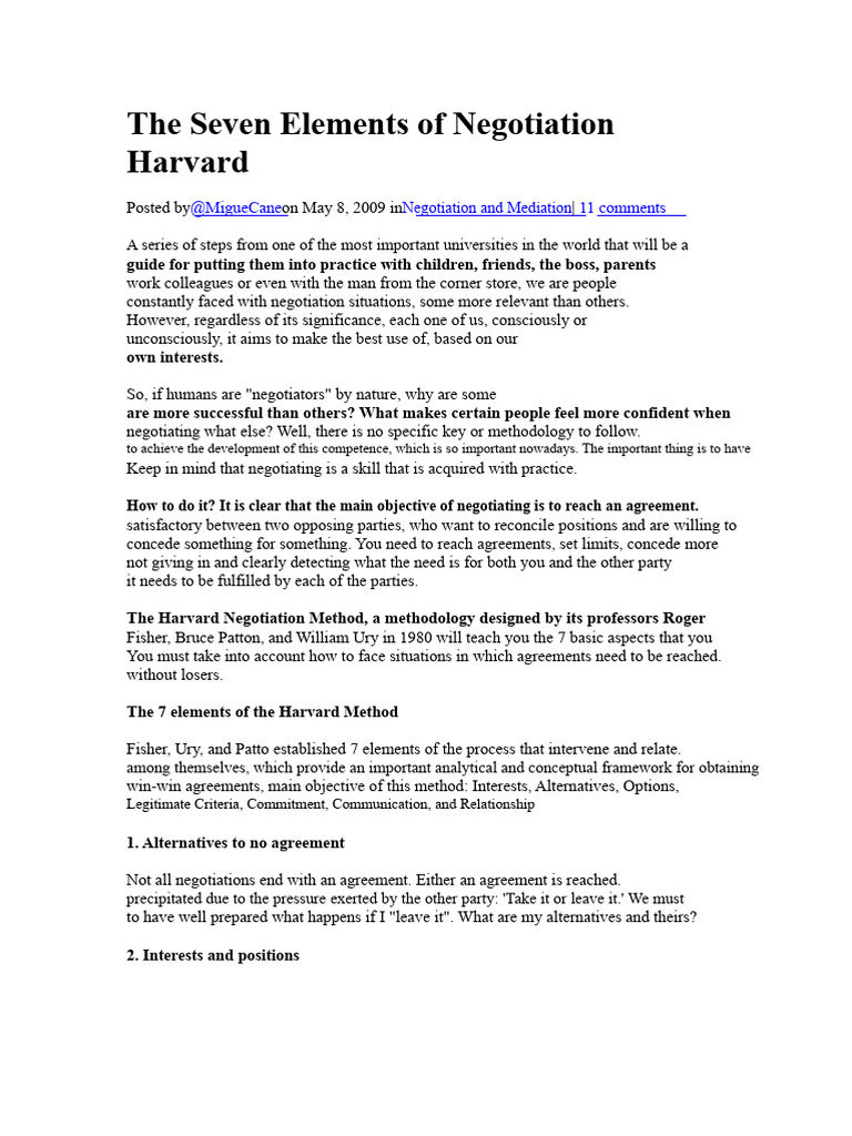 Harvard's 7 Elements of Negotiation | PDF | Negotiation | Communication