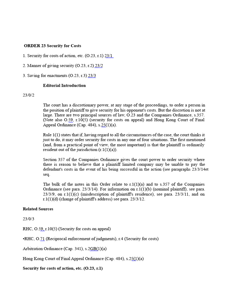 Security for Costs: Order 23 Overview | PDF | Bankruptcy | Lawsuit