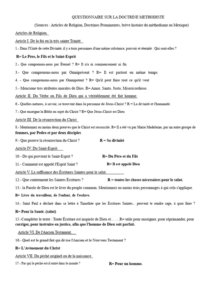 Questionnaire sur la Doctrine Méthodiste | PDF | Justification ...