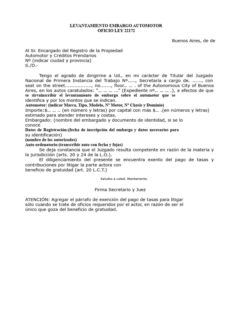 Levantamiento de Embargo Automotor | PDF